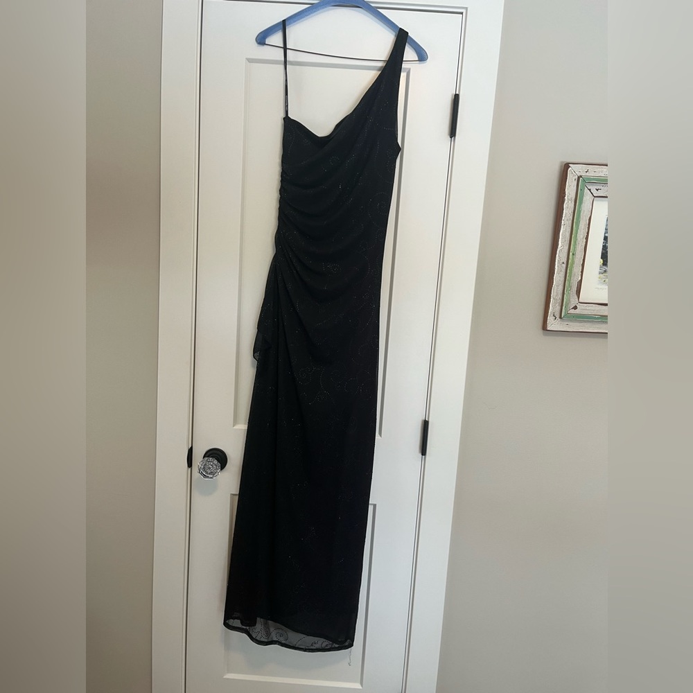 Black one shoulder dress with side rouching swirl detail design, size M